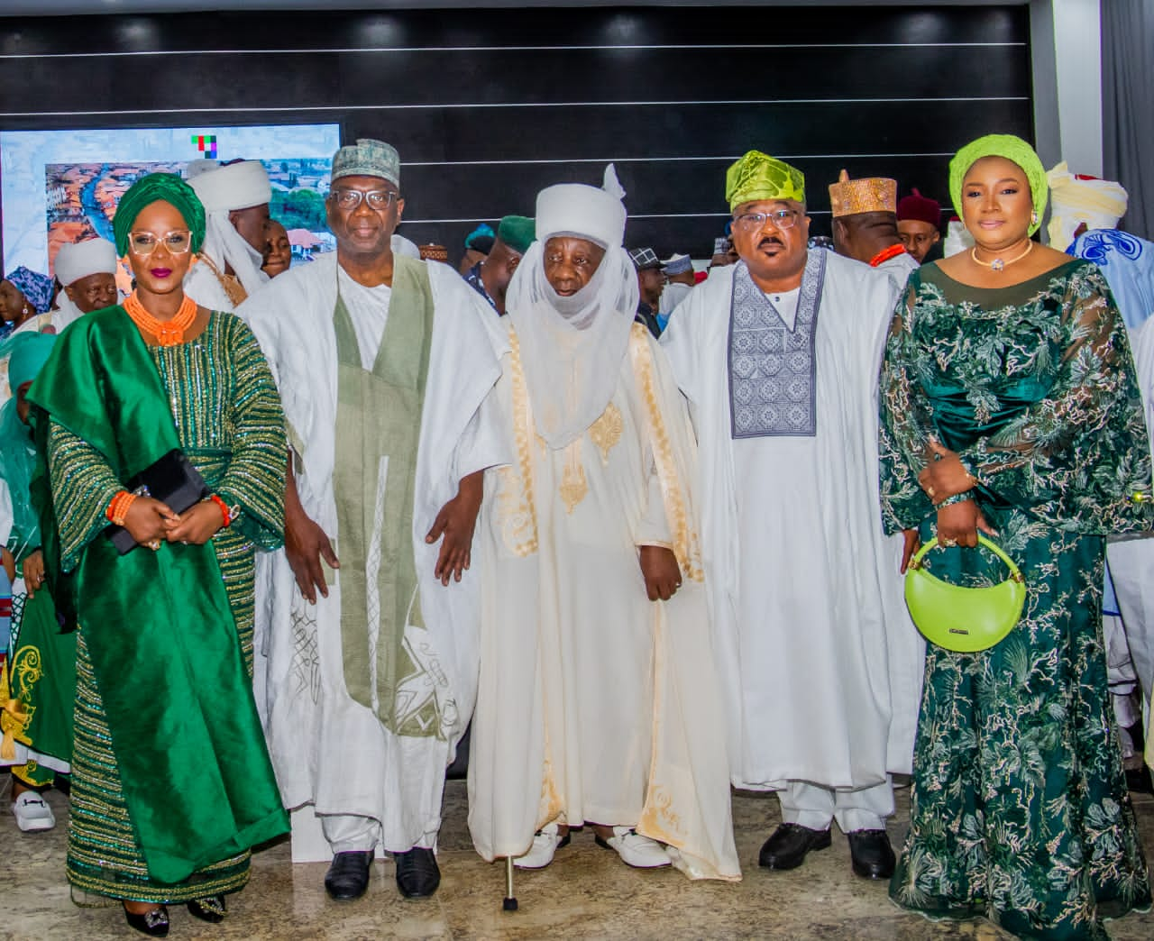 LR: Chief Judge of Kwara State Justice Abiodun Ayodele Adebara; First Lady Amb. Dr. Mrs. OluFolake Abdulrazaq; Governor AbdulRahman AbdulRazaq; Deputy Governor Mr Kayode Alabi; Wife of Deputy Governor Mrs Tokunbo Alabi; Speaker Kwara State House of Assembly Rt Hon. Yakubu Salihu Danladi; and Grand Kadi Sharia Court of Appeal Justice Abdullateef Kamaldeen; during the 2nd term inauguration ceremony of the Governor, at Government House, Ilorin, on Monday.