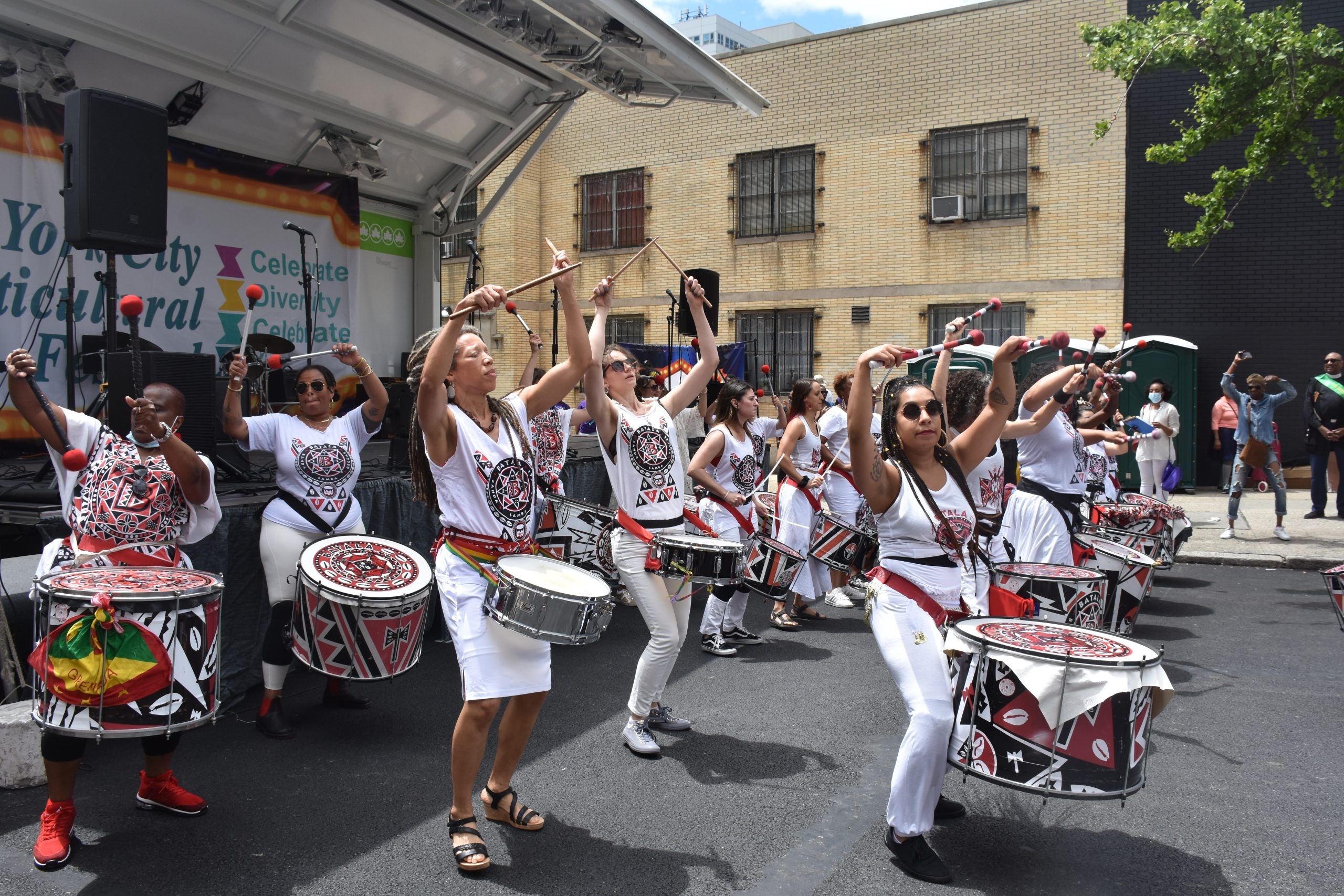 Batala New York, a Brazilian -African troupe performing at the 13th Annual New York City Multicultural Festival at Harlem, organised by the New York African Chorus Ensemble (NYACE